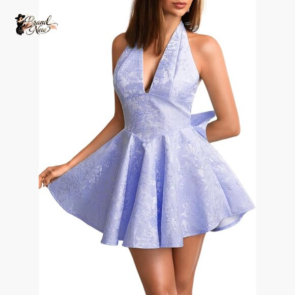 Dresses & Skirts - Jacquard Corset Mini Dress Deep V Halter Bow Back Formal Prom
